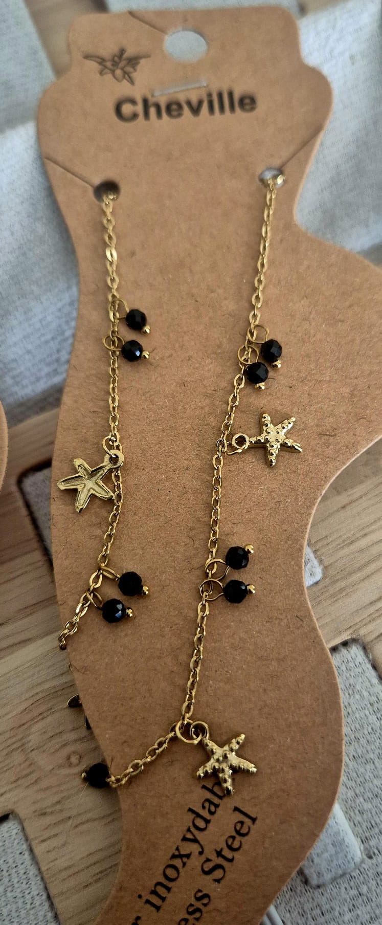 Bracelet de cheville Étoile et Perles dorées et noires - vue produit