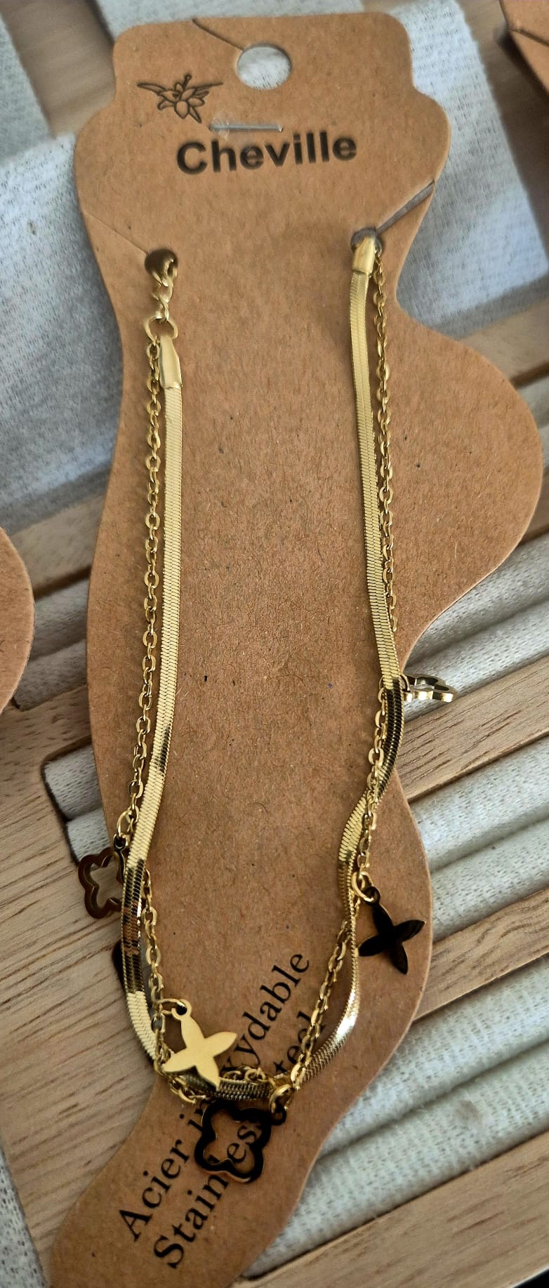 Bracelet de cheville Double doré Trèfles et Étoiles - vue produit