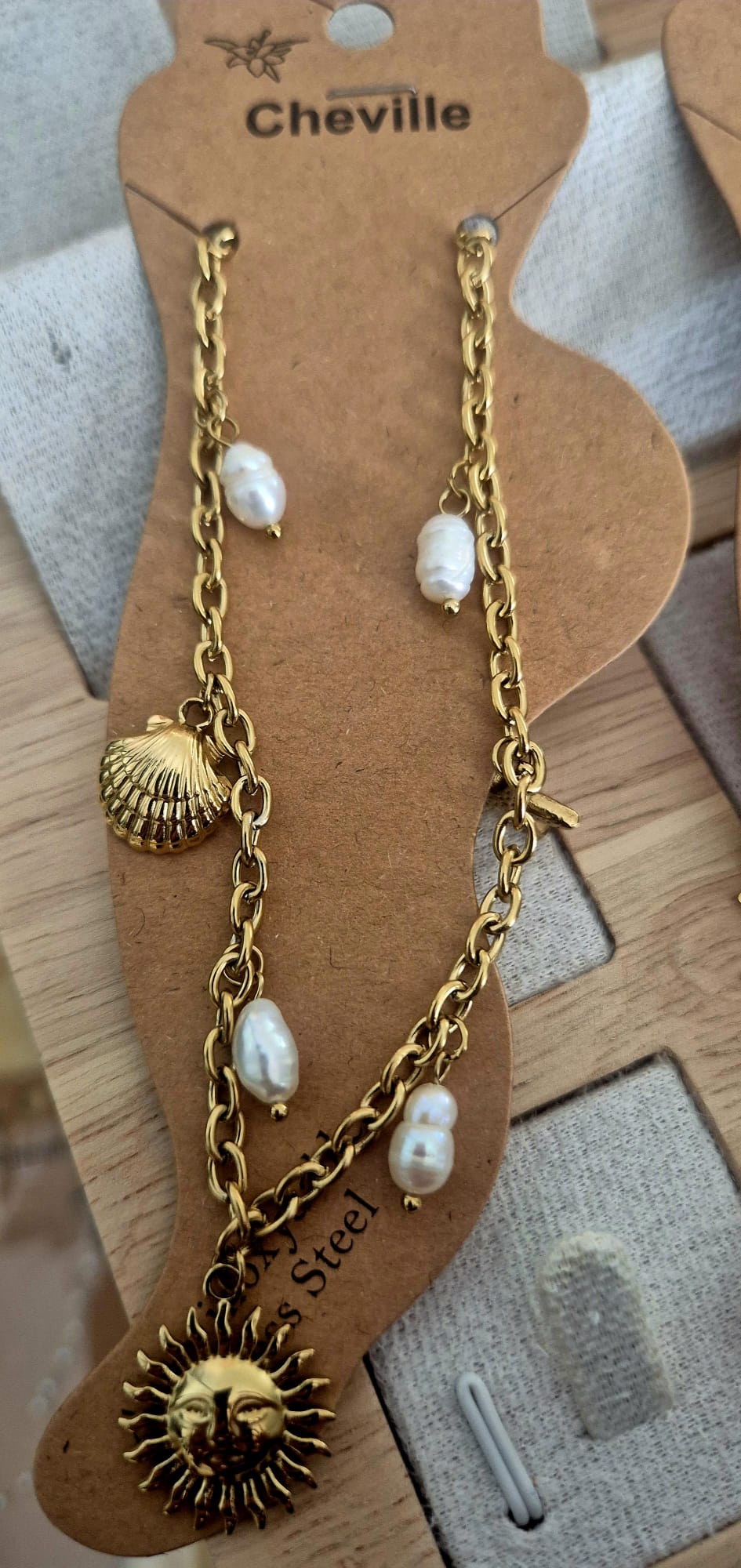 Bracelet de cheville doré Coquillage Perles et Soleil - vue produit