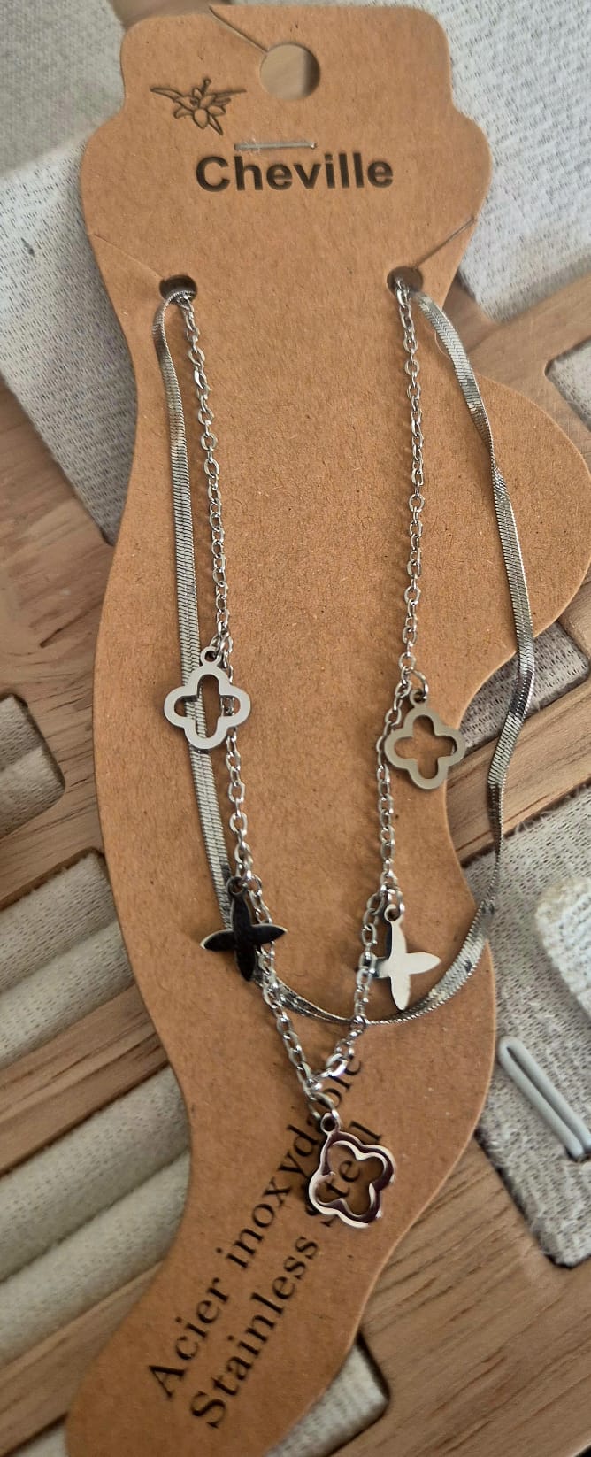 Bracelet de cheville Double argenté Trèfles et Étoiles - vue produit