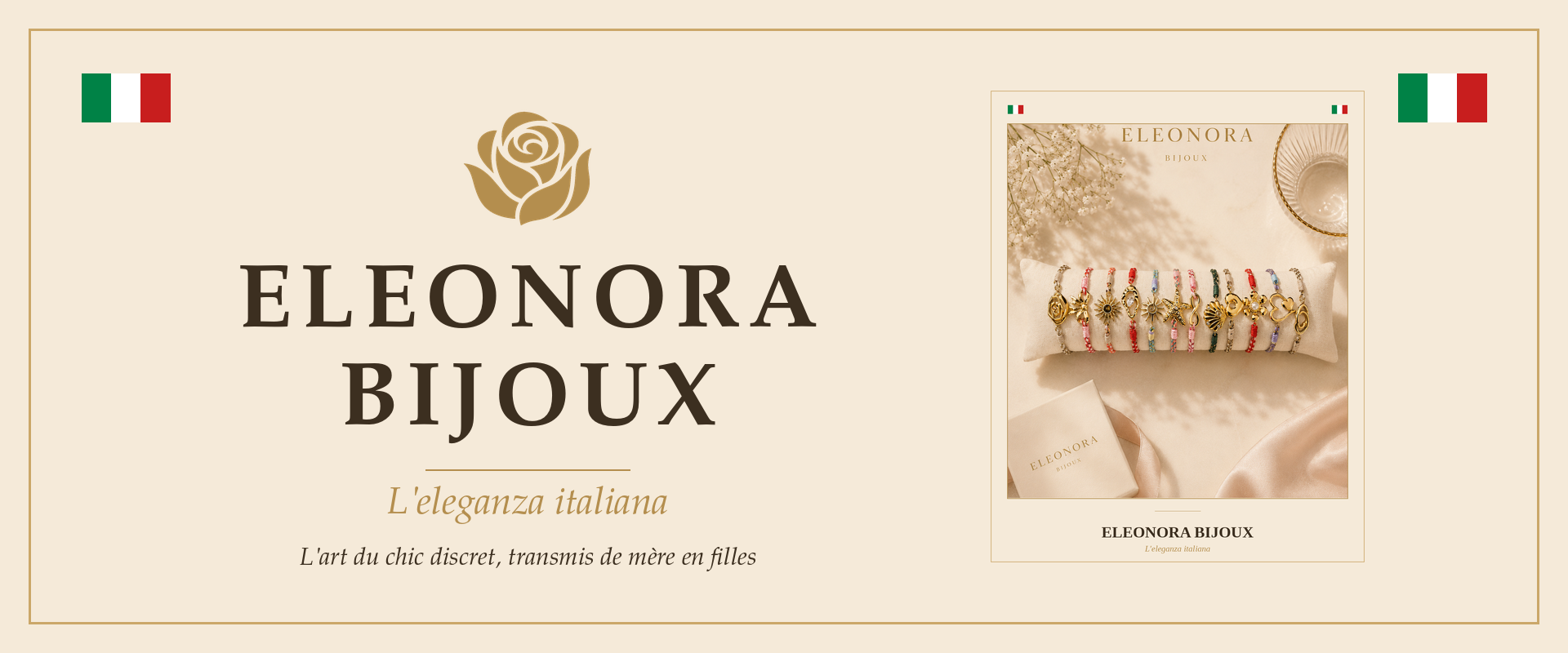 Bannière hero Eleonora Bijoux - rose dorée et bracelet Mosaïque